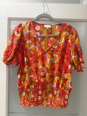 LOFT Red Floral Puff-Sleeve Smocked-Waist V-Neck Top
